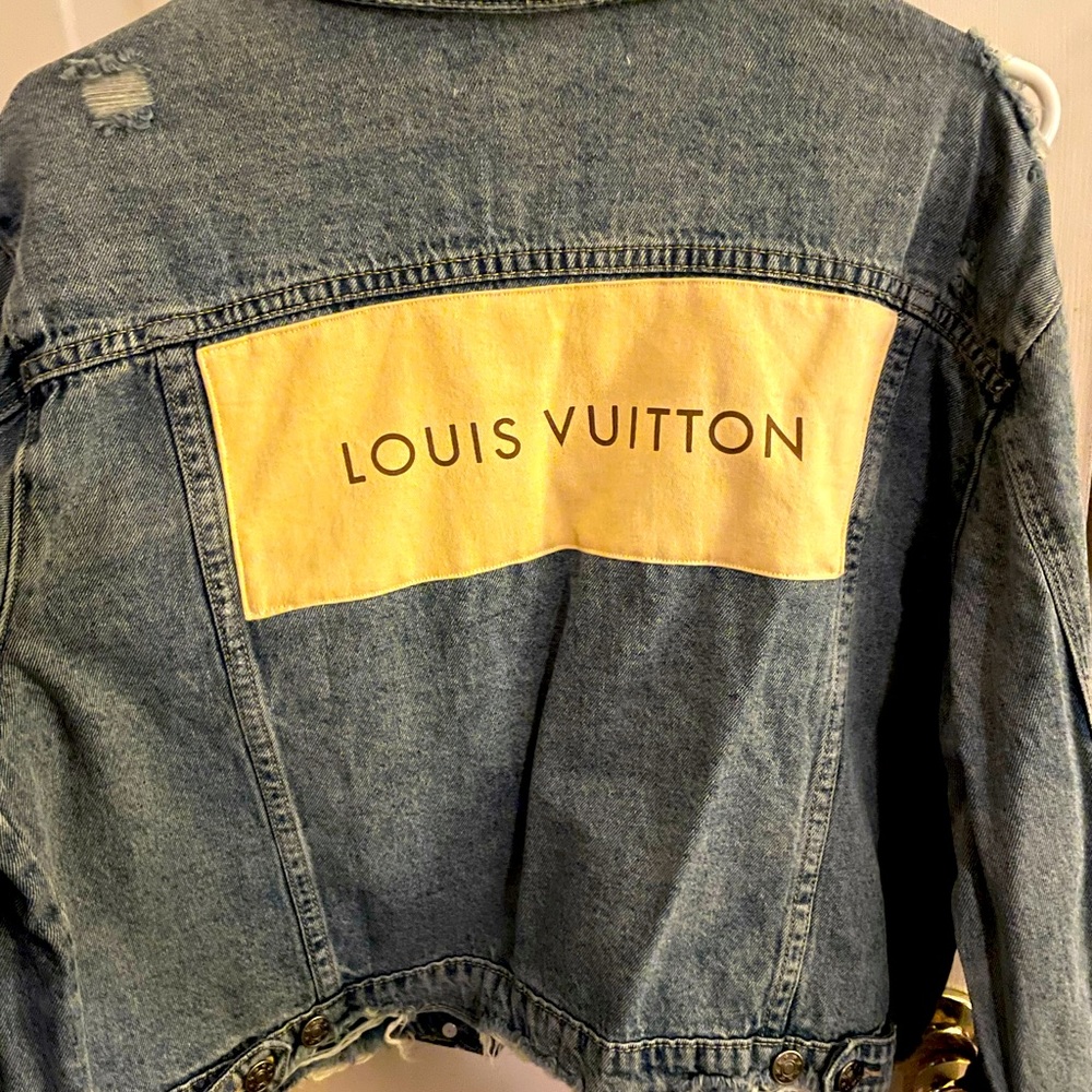 New without tags distressed boyfriend jacket with upcycled Louis Vuitton